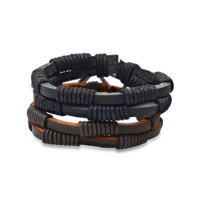 STEELTIME Men's 2pc genuine braided black and brown leather drawstring bracelets