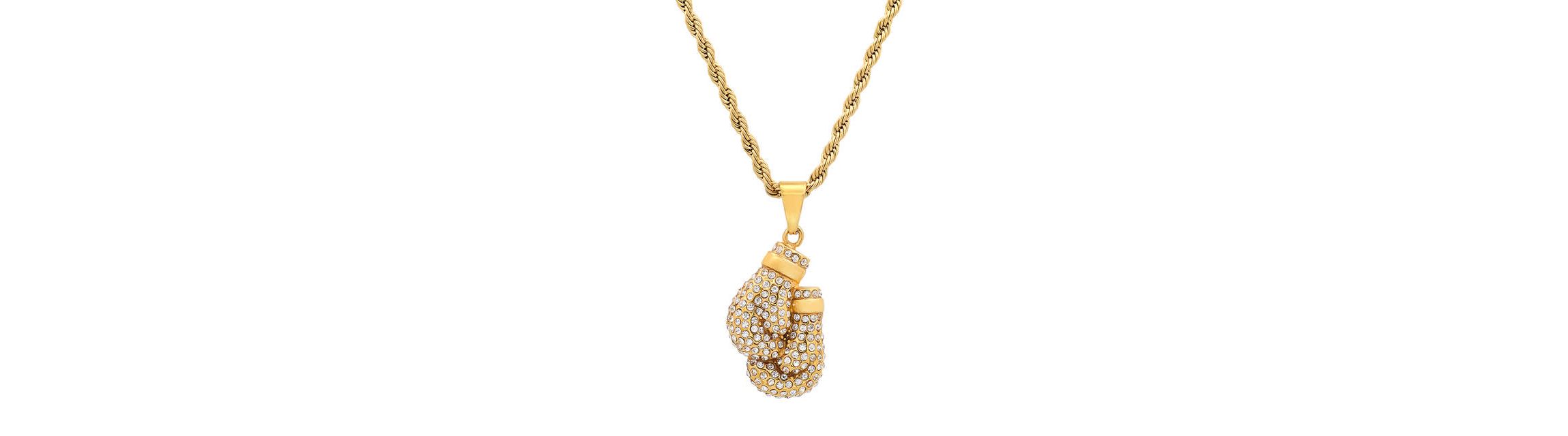 Mens 18k gold plated stainless steel and simulated diamonds boxing gloves pair pendant