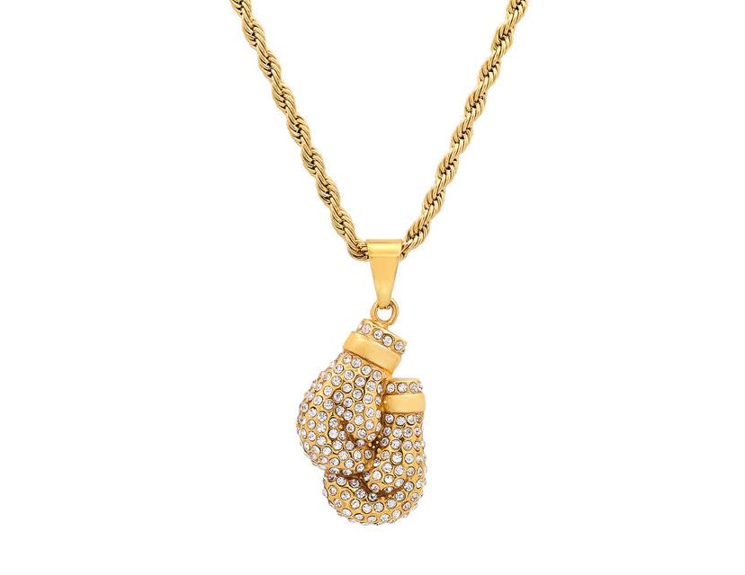 Mens 18k gold plated stainless steel and simulated diamonds boxing gloves pair pendant