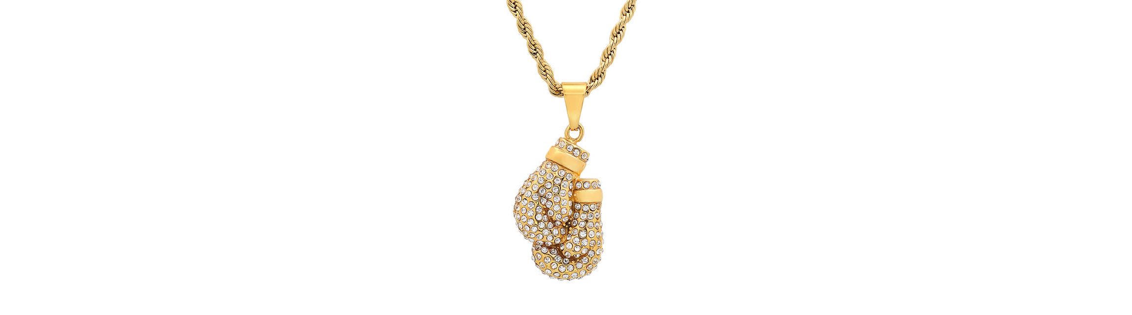 Mens 18k gold plated stainless steel and simulated diamonds boxing gloves pair pendant