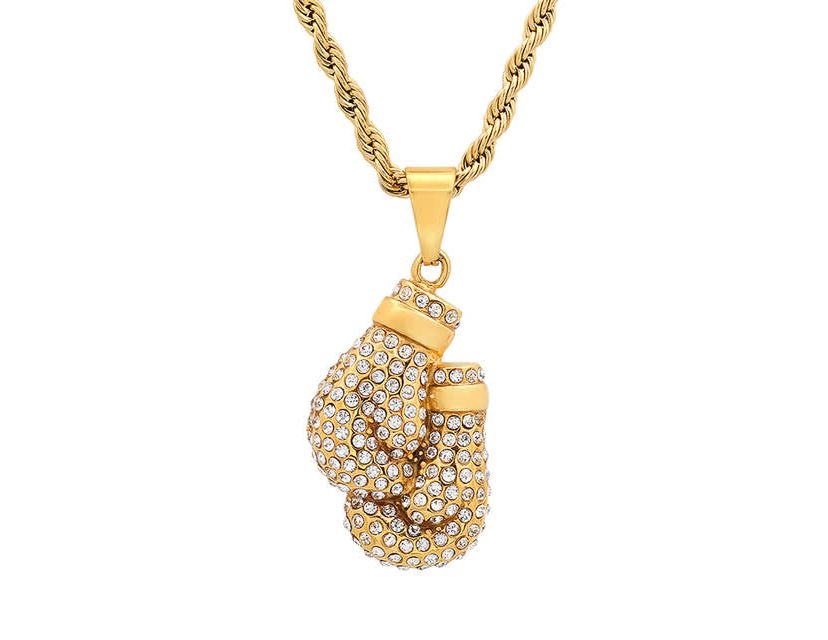 Mens 18k gold plated stainless steel and simulated diamonds boxing gloves pair pendant