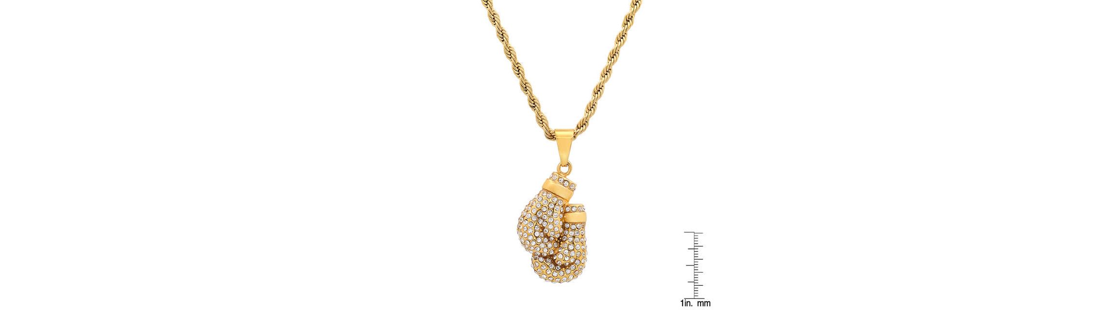 Mens 18k gold plated stainless steel and simulated diamonds boxing gloves pair pendant