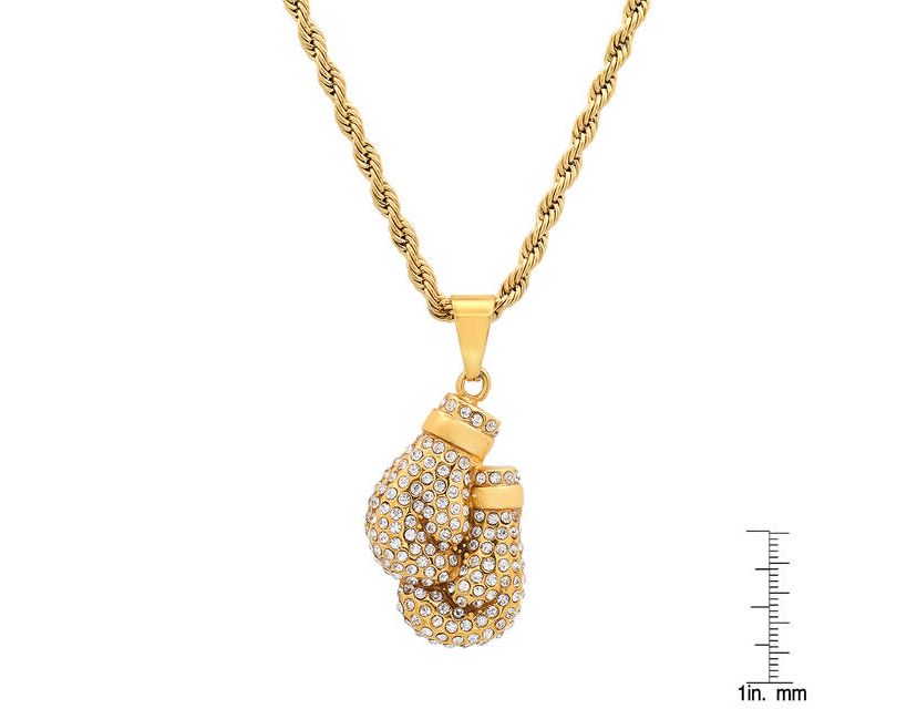 Mens 18k gold plated stainless steel and simulated diamonds boxing gloves pair pendant