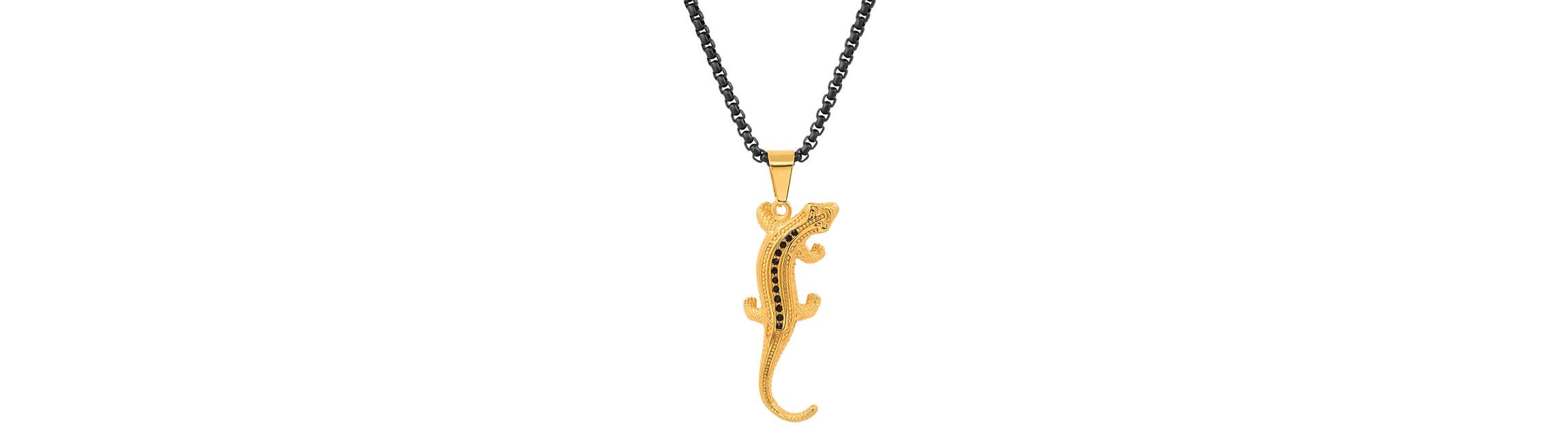 Mens two tone black ip and 18k gold plated stainless steel with simulated diamonds lizard pendant