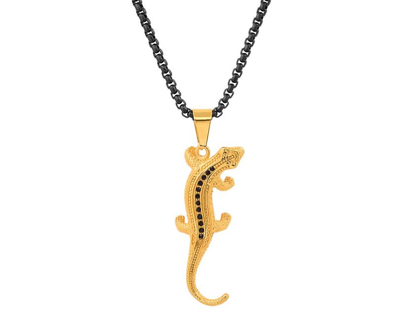 Mens two tone black ip and 18k gold plated stainless steel with simulated diamonds lizard pendant