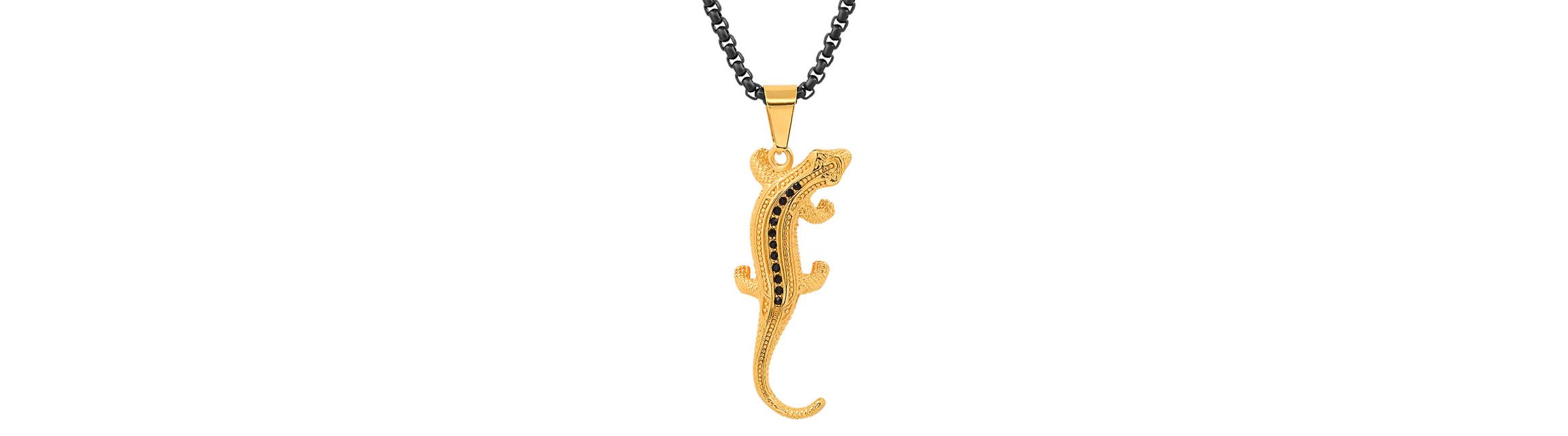 Mens two tone black ip and 18k gold plated stainless steel with simulated diamonds lizard pendant