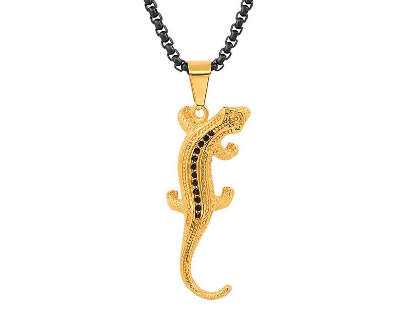 Mens two tone black ip and 18k gold plated stainless steel with simulated diamonds lizard pendant