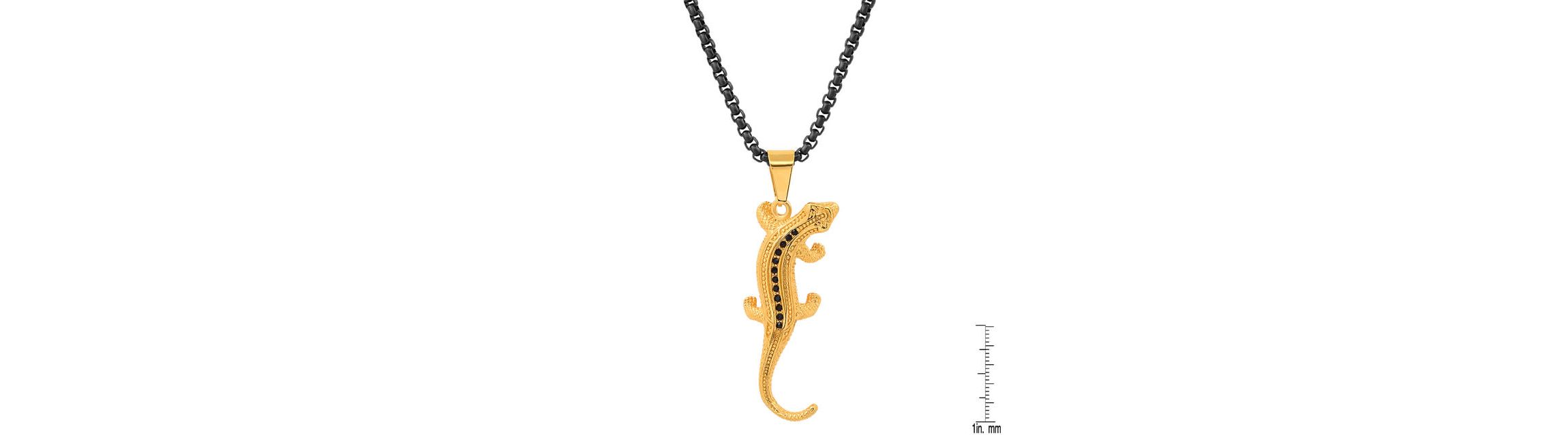 Mens two tone black ip and 18k gold plated stainless steel with simulated diamonds lizard pendant
