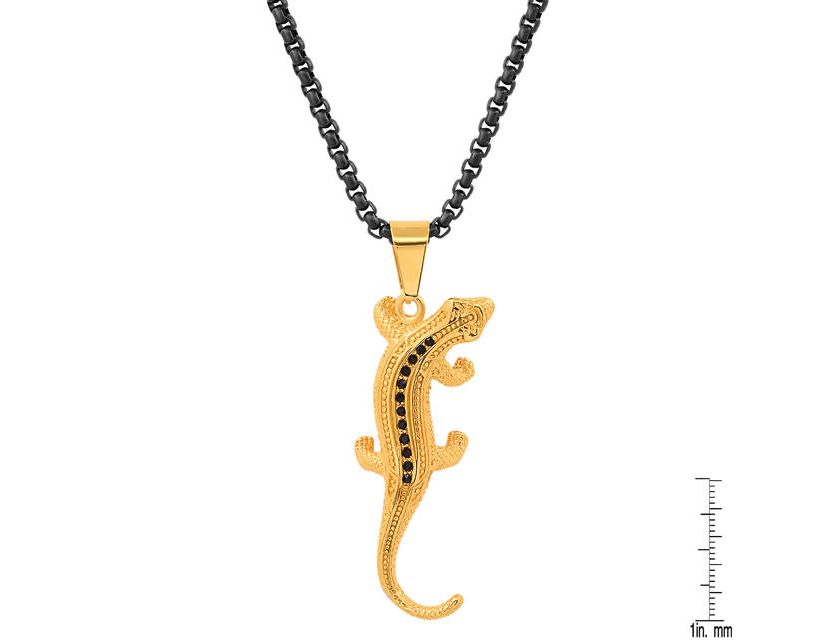 Mens two tone black ip and 18k gold plated stainless steel with simulated diamonds lizard pendant