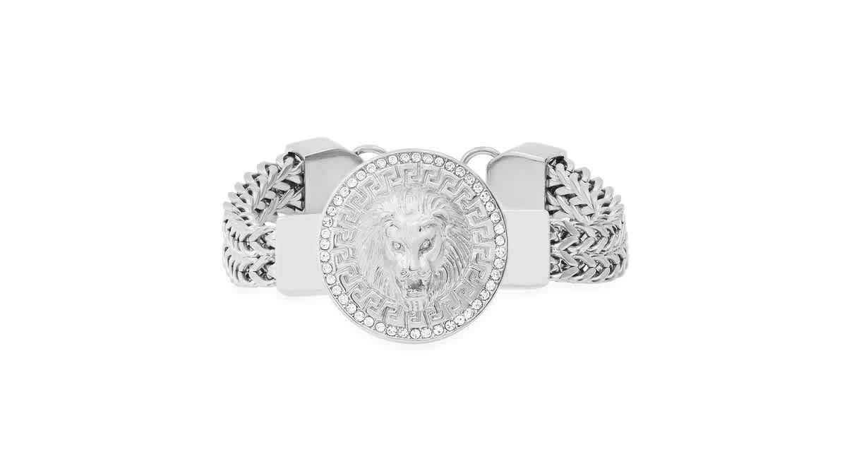 Mens stainless steel double row wheat chain and simulated diamonds lion head round charm bracelet with greek key accents