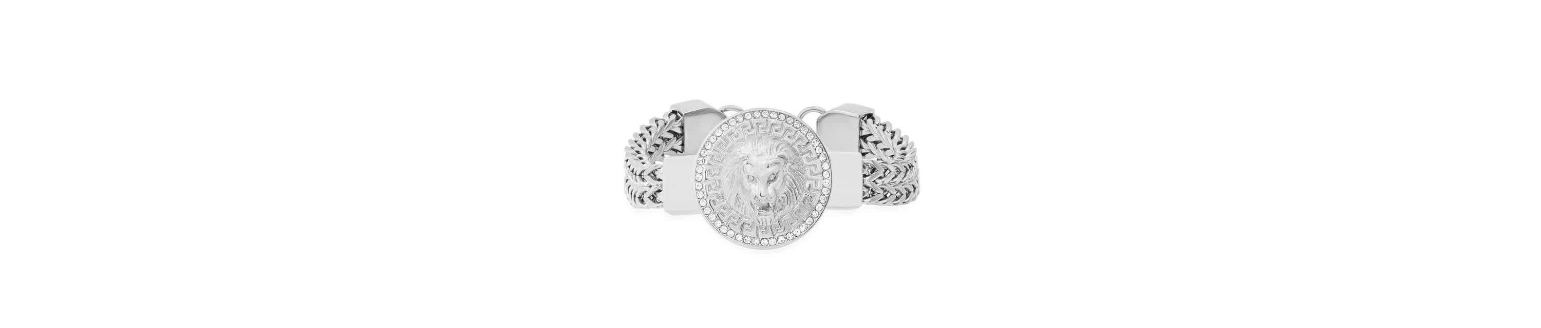 Mens stainless steel double row wheat chain and simulated diamonds lion head round charm bracelet with greek key accents