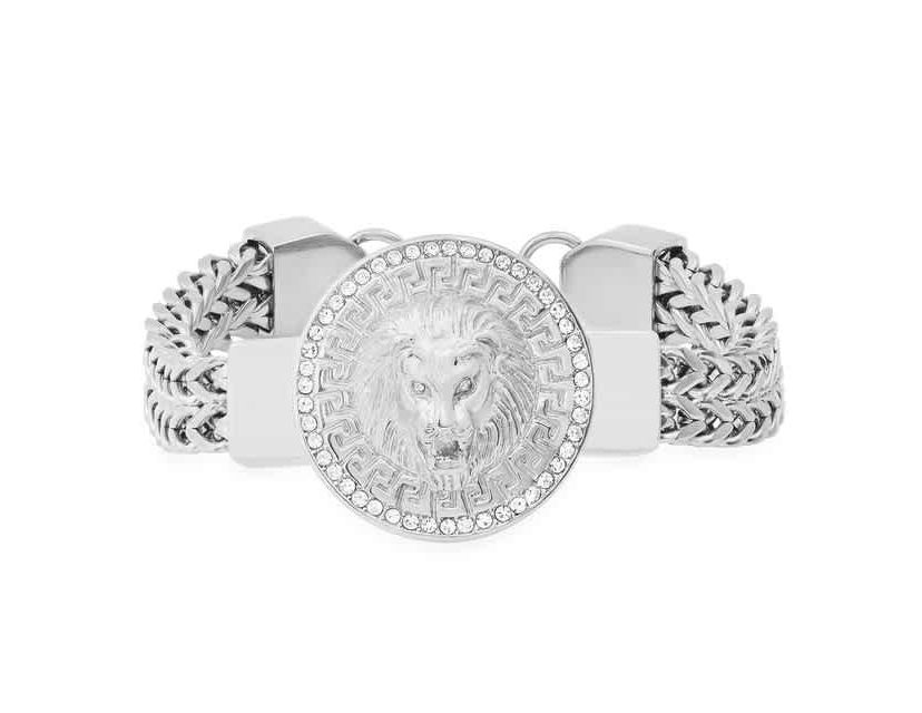 Mens stainless steel double row wheat chain and simulated diamonds lion head round charm bracelet with greek key accents