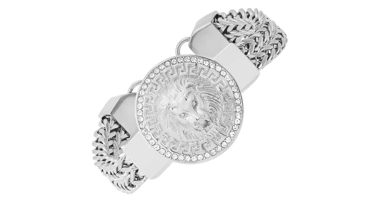 Mens stainless steel double row wheat chain and simulated diamonds lion head round charm bracelet with greek key accents