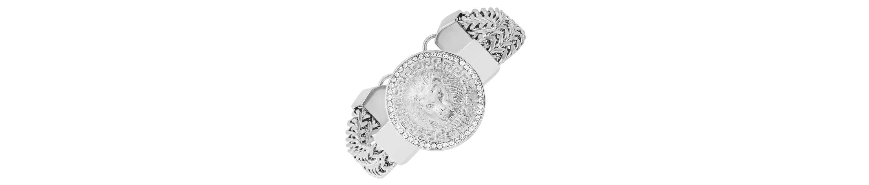 Mens stainless steel double row wheat chain and simulated diamonds lion head round charm bracelet with greek key accents
