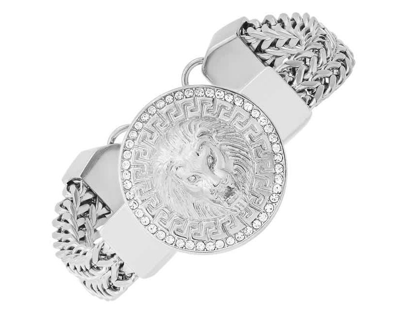 Mens stainless steel double row wheat chain and simulated diamonds lion head round charm bracelet with greek key accents