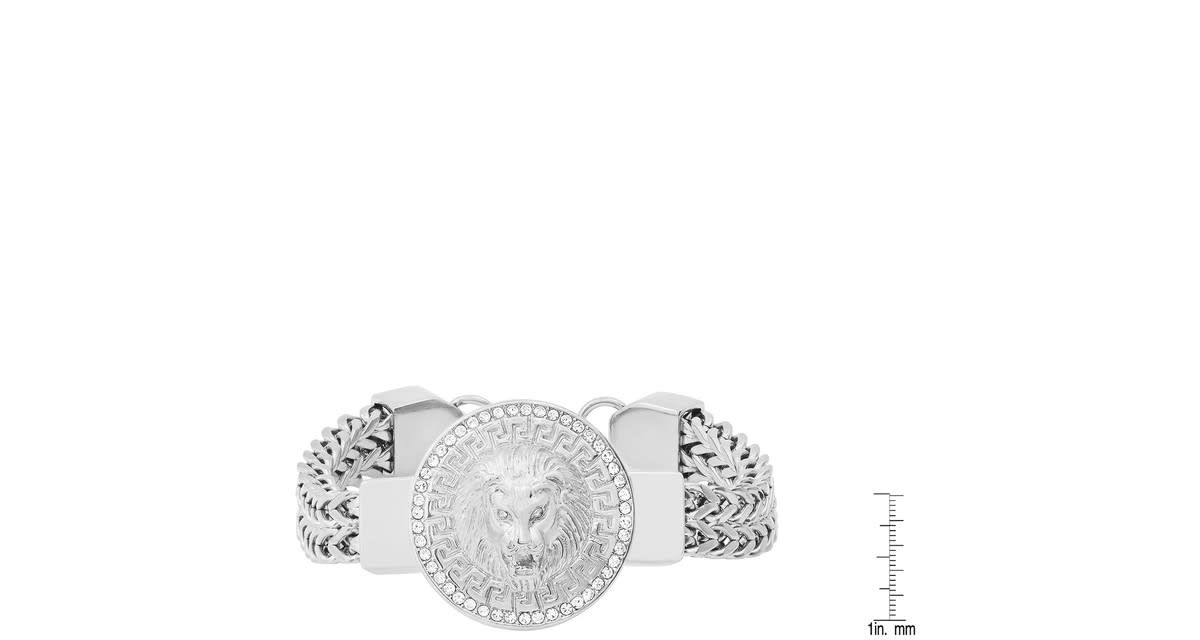 Mens stainless steel double row wheat chain and simulated diamonds lion head round charm bracelet with greek key accents