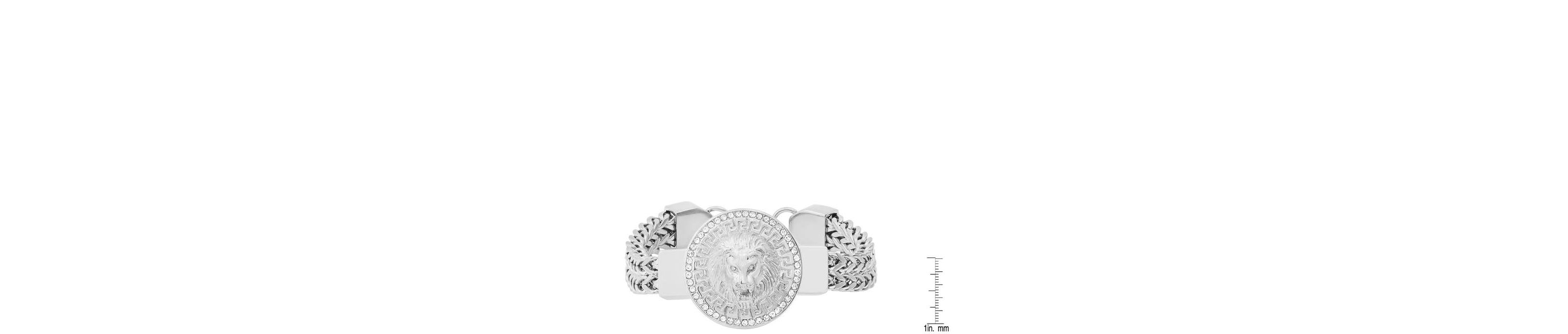 Mens stainless steel double row wheat chain and simulated diamonds lion head round charm bracelet with greek key accents