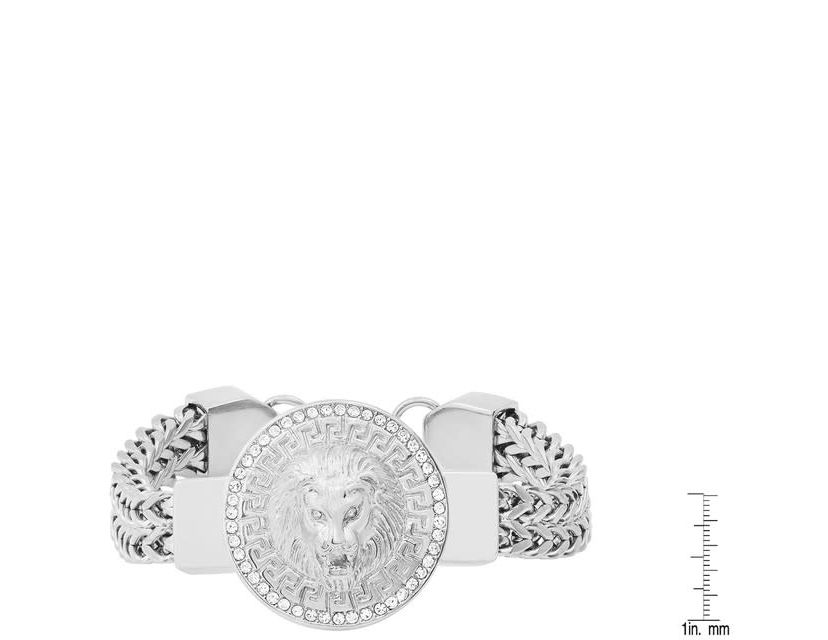 Mens stainless steel double row wheat chain and simulated diamonds lion head round charm bracelet with greek key accents