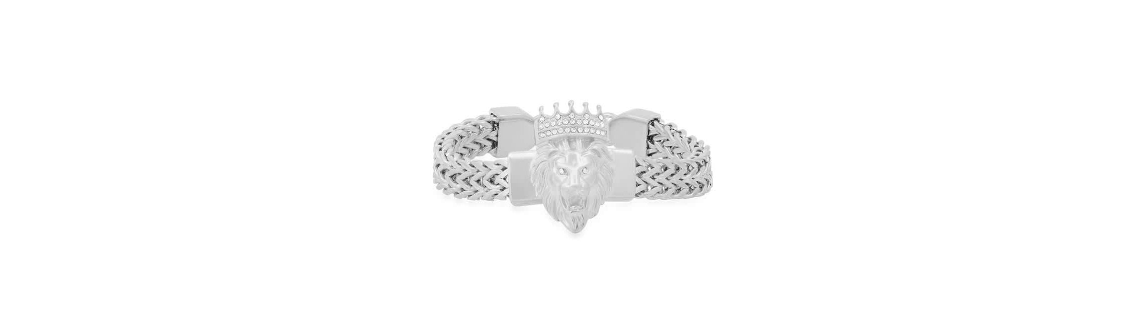 Mens stainless steel double row wheat chain links and simulated diamonds lion head bracelet