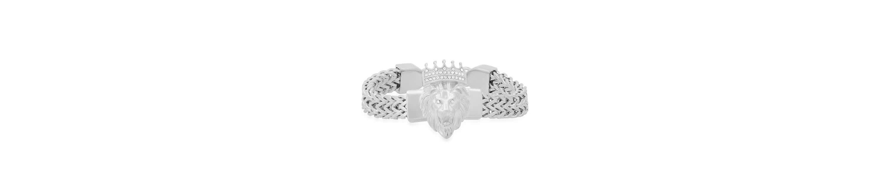 Mens stainless steel double row wheat chain links and simulated diamonds lion head bracelet