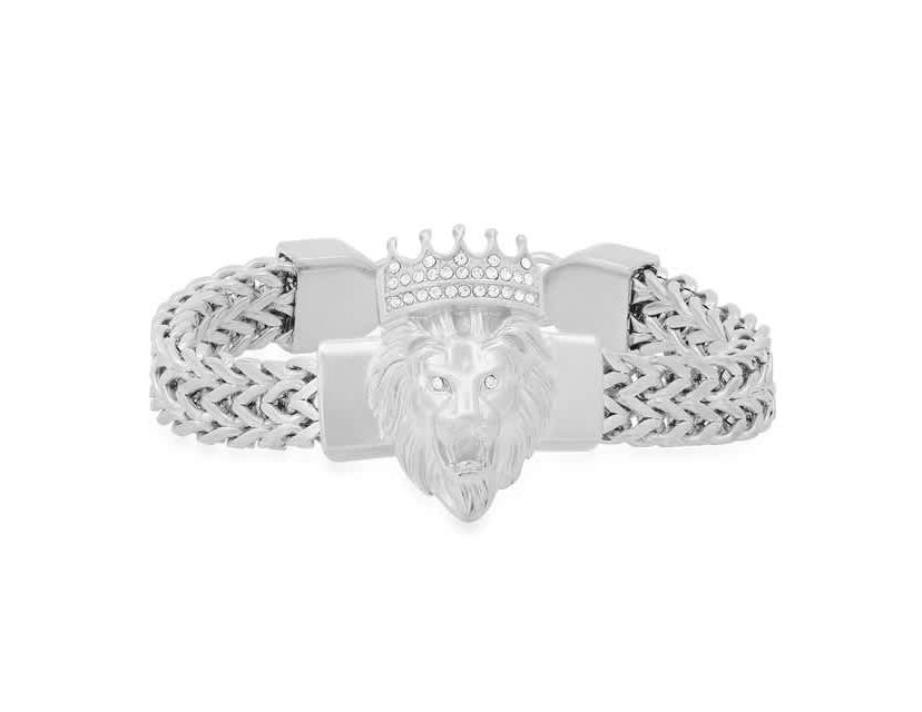 Mens stainless steel double row wheat chain links and simulated diamonds lion head bracelet