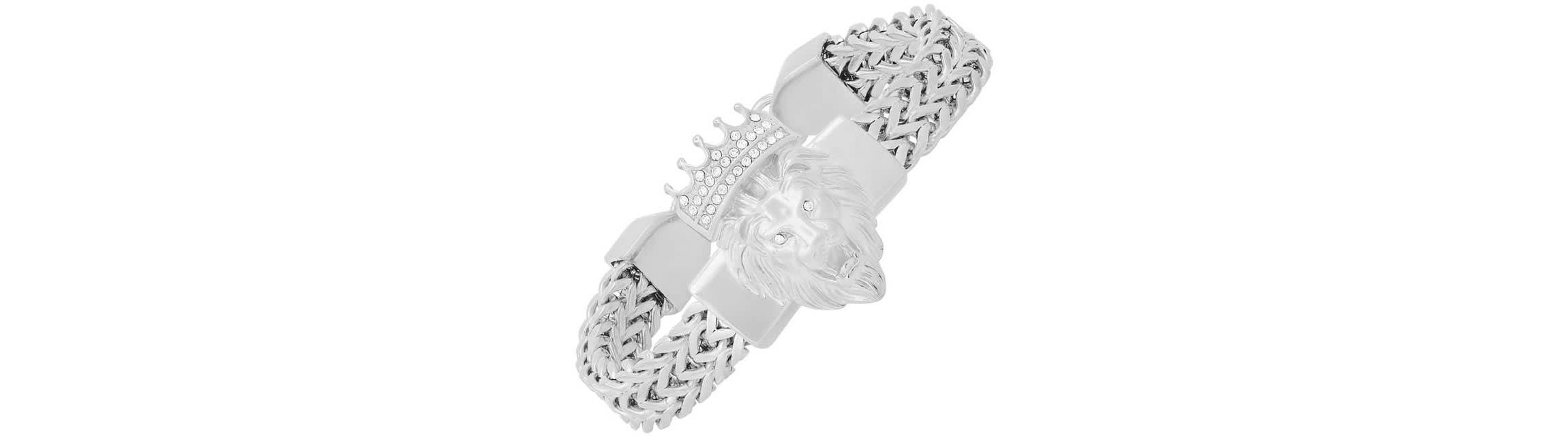 Mens stainless steel double row wheat chain links and simulated diamonds lion head bracelet