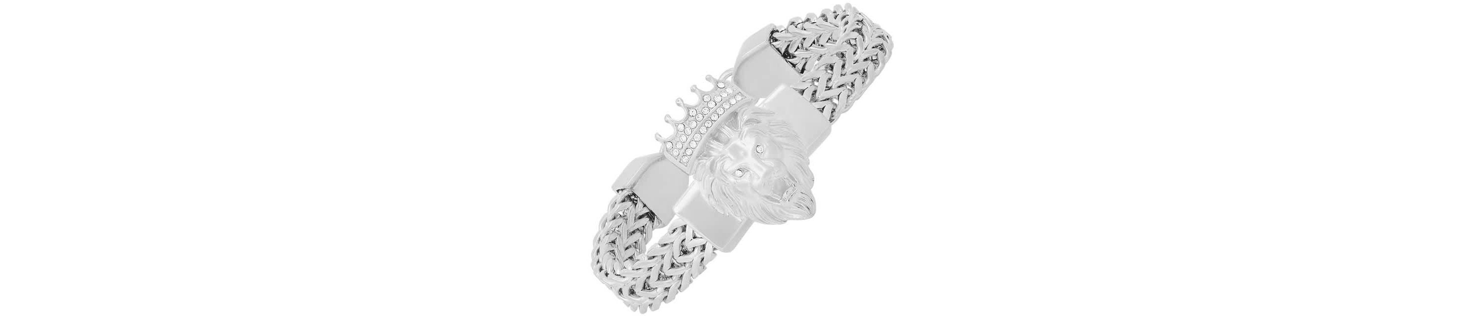 Mens stainless steel double row wheat chain links and simulated diamonds lion head bracelet