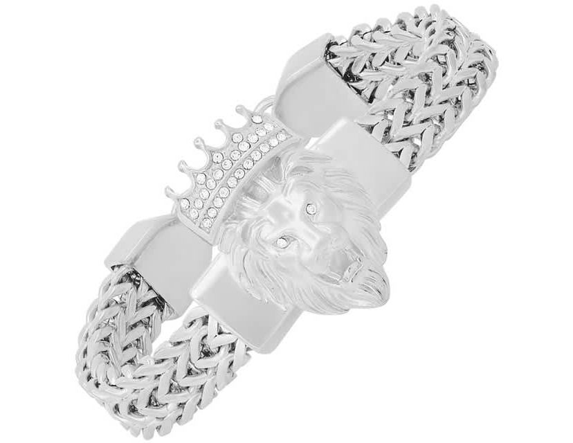 Mens stainless steel double row wheat chain links and simulated diamonds lion head bracelet