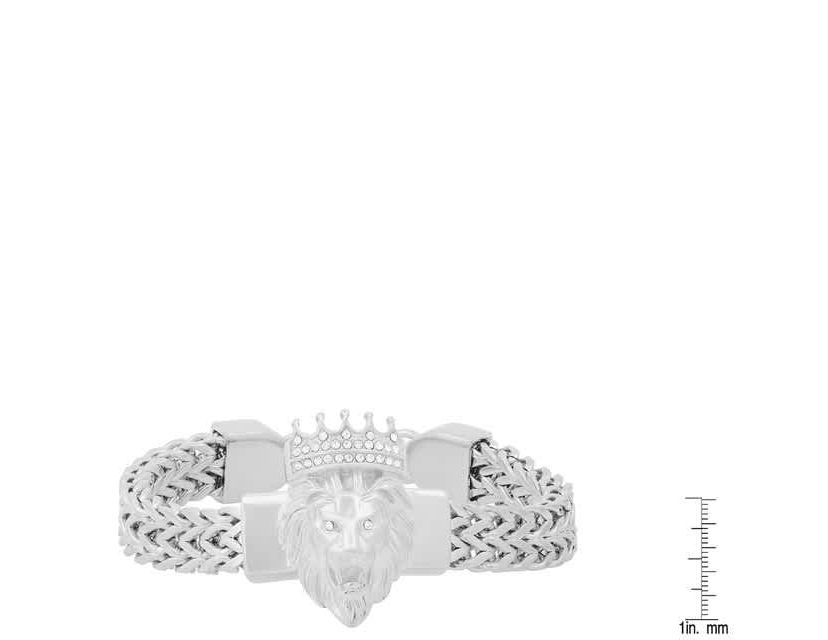 Mens stainless steel double row wheat chain links and simulated diamonds lion head bracelet