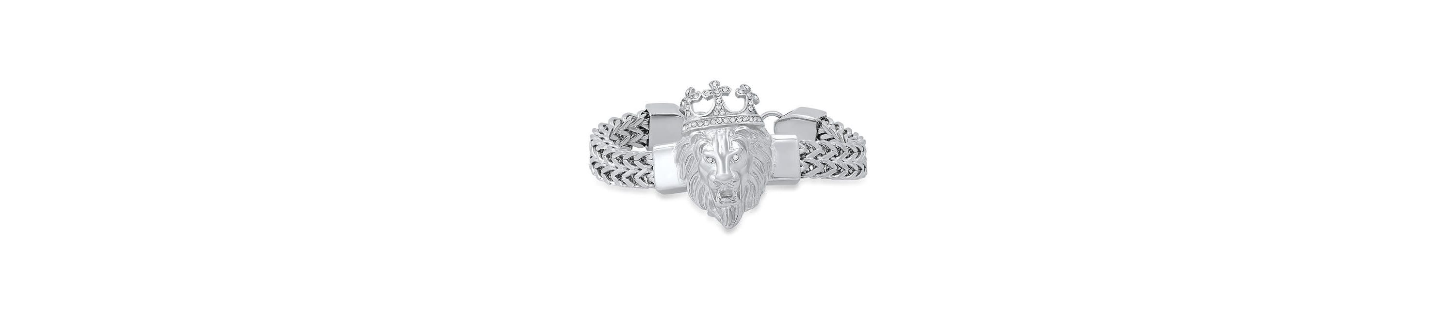 Mens stainless steel double row wheat chain links and simulated diamonds lion head bracelet