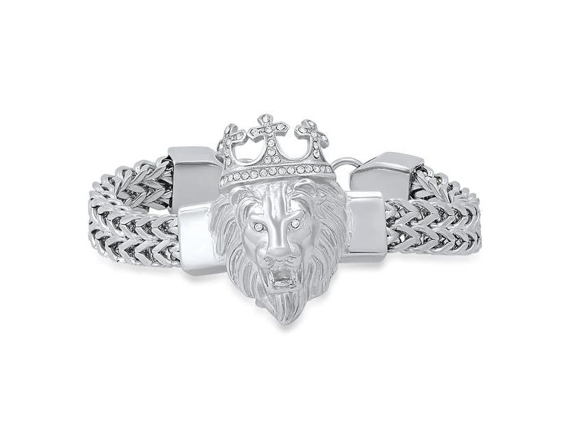 Mens stainless steel double row wheat chain links and simulated diamonds lion head bracelet
