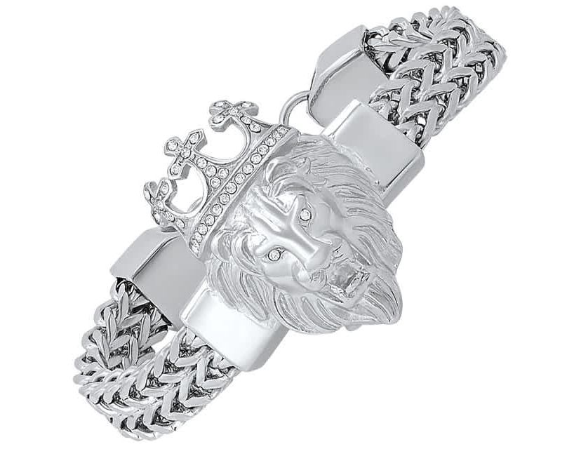 Mens stainless steel double row wheat chain links and simulated diamonds lion head bracelet