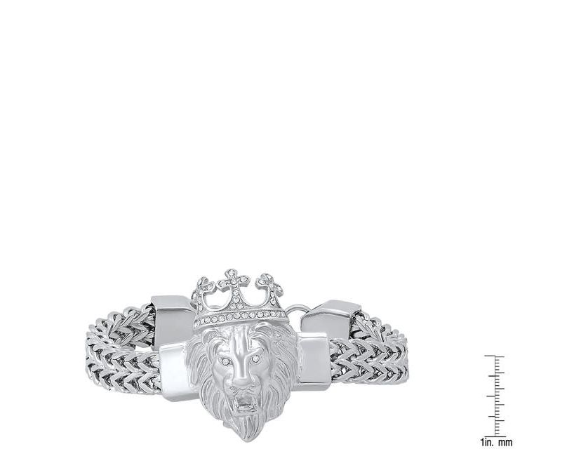 Mens stainless steel double row wheat chain links and simulated diamonds lion head bracelet