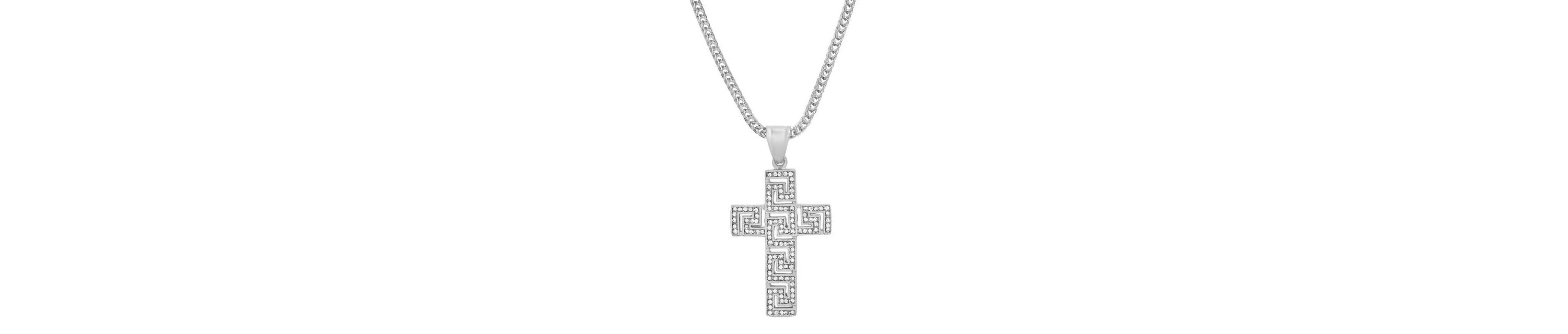 Mens stainless steel and simulated diamonds cross pendant with greek key accents
