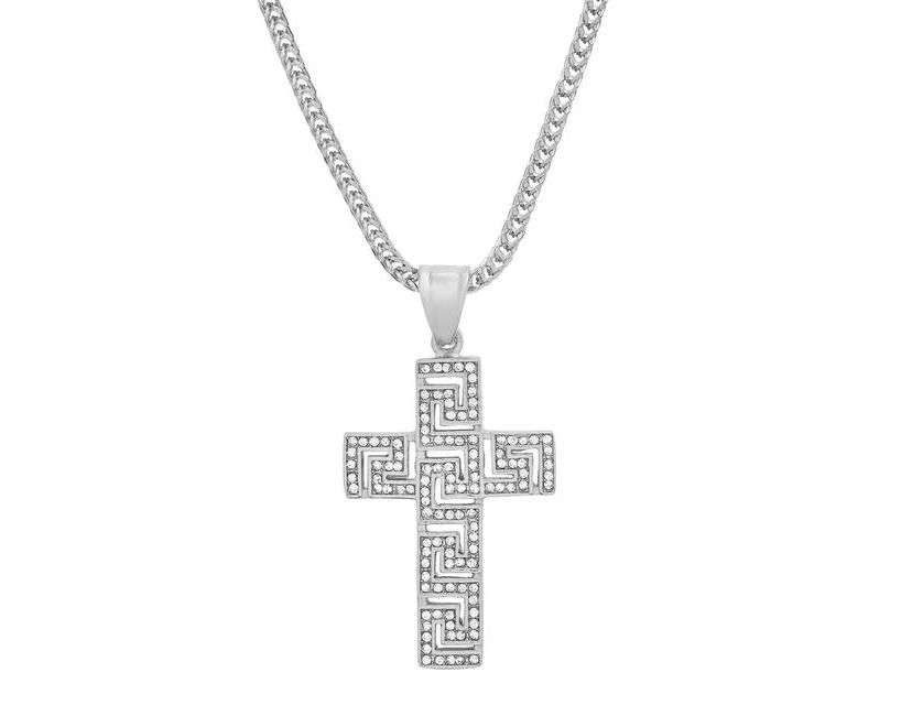 Mens stainless steel and simulated diamonds cross pendant with greek key accents