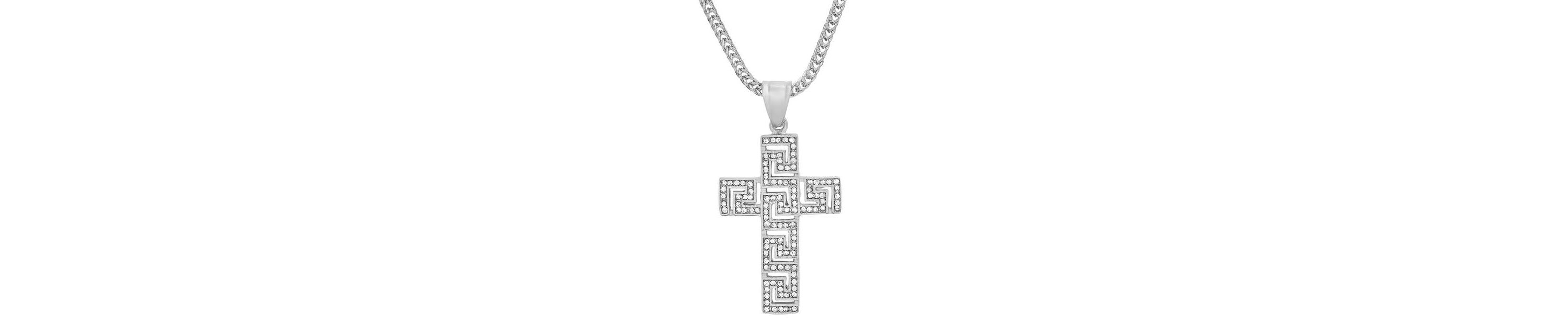 Mens stainless steel and simulated diamonds cross pendant with greek key accents