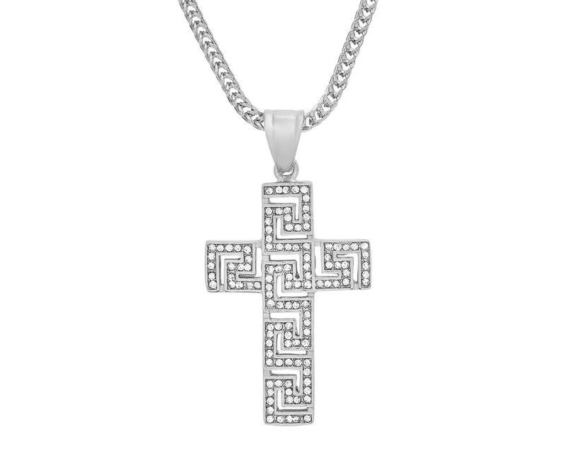 Mens stainless steel and simulated diamonds cross pendant with greek key accents