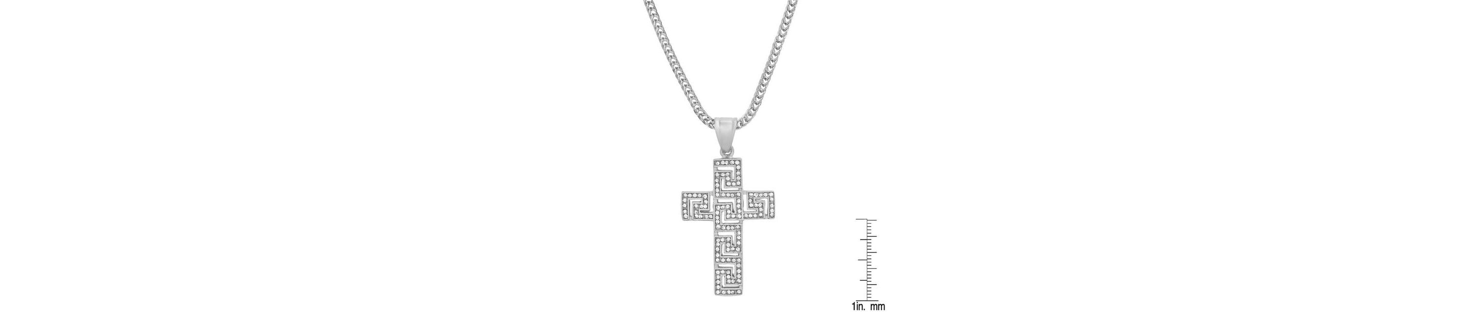 Mens stainless steel and simulated diamonds cross pendant with greek key accents
