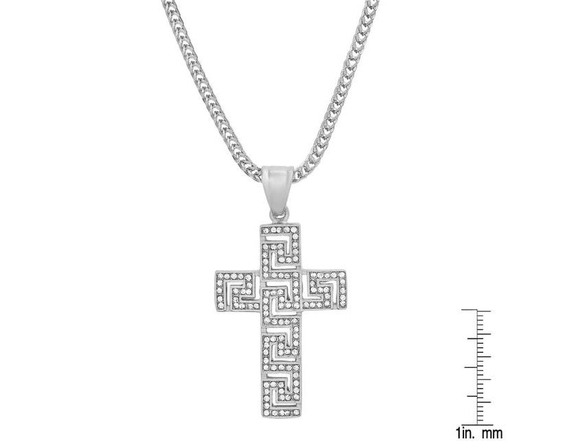 Mens stainless steel and simulated diamonds cross pendant with greek key accents