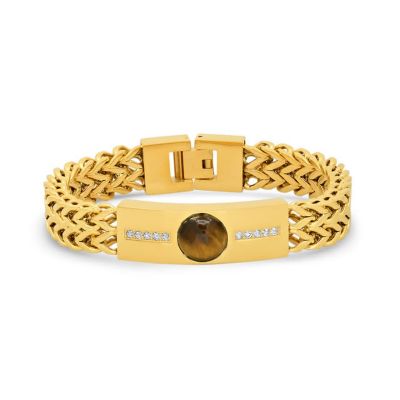STEELTIME Men's 18k gold plated stainless steel tiger eye and simulated diamonds double wheat link bracelet