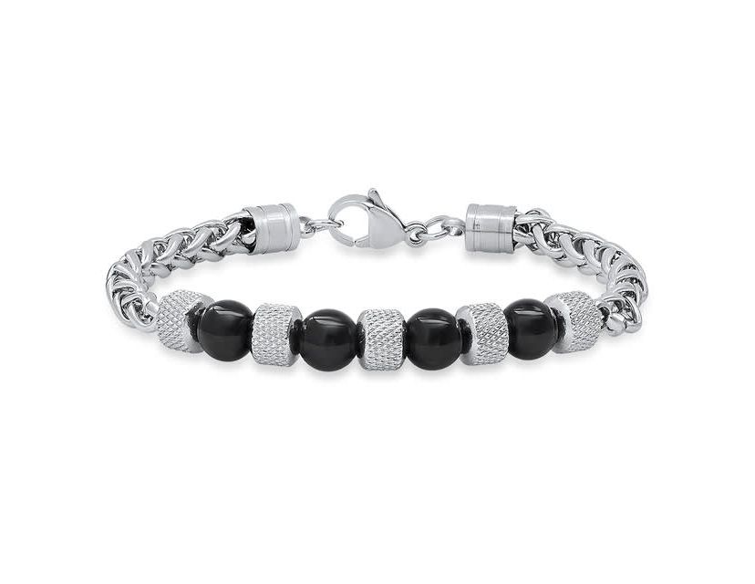 Mens stainless steel wheat chain and black agate beads bracelet