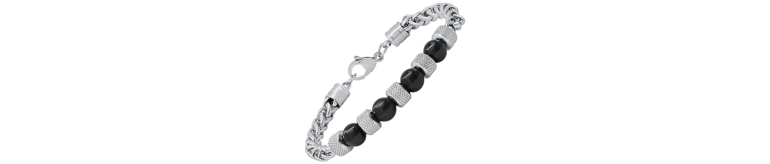 Mens stainless steel wheat chain and black agate beads bracelet