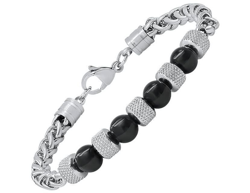 Mens stainless steel wheat chain and black agate beads bracelet