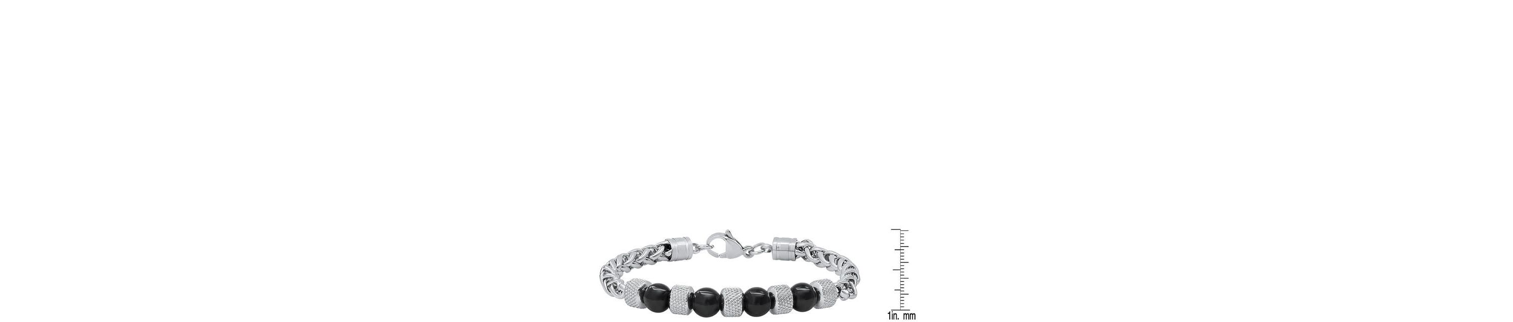 Mens stainless steel wheat chain and black agate beads bracelet