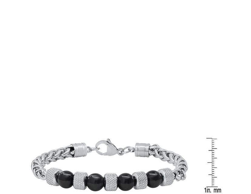 Mens stainless steel wheat chain and black agate beads bracelet