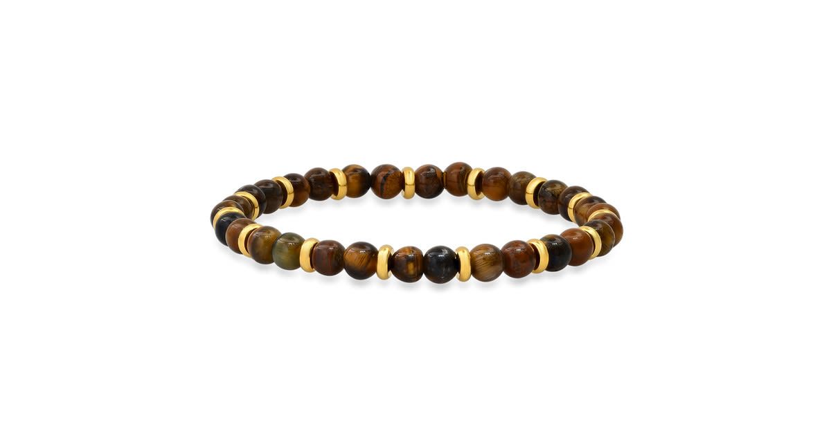 Mens tiger eye and 18k gold plated stainless steel beaded bracelet