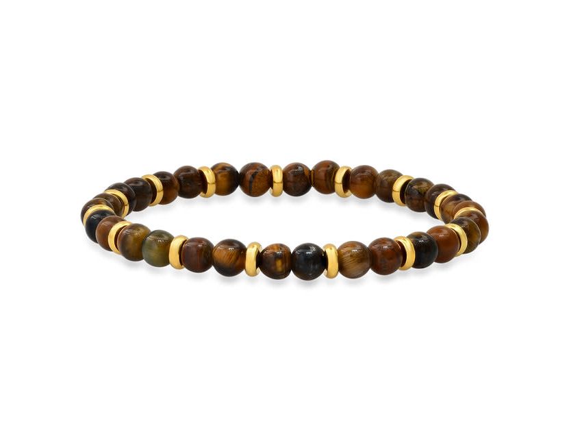 Mens tiger eye and 18k gold plated stainless steel beaded bracelet
