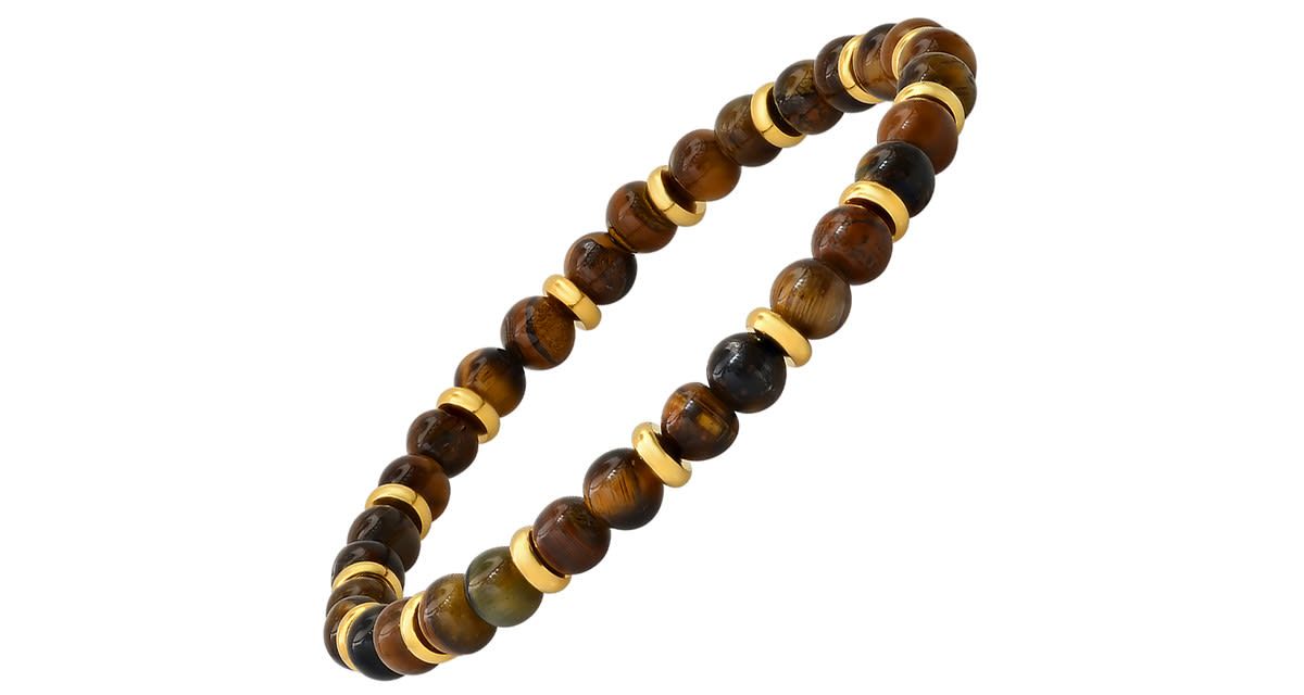 Mens tiger eye and 18k gold plated stainless steel beaded bracelet