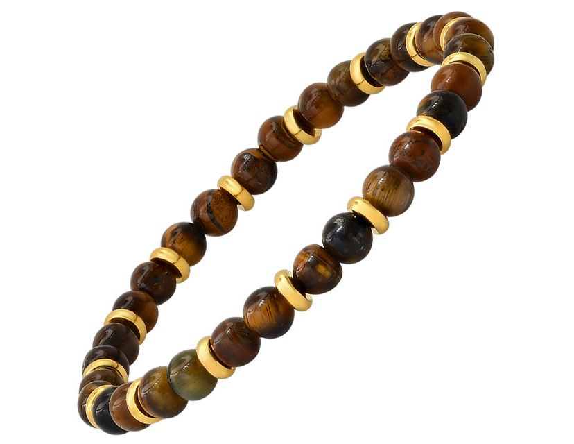Mens tiger eye and 18k gold plated stainless steel beaded bracelet