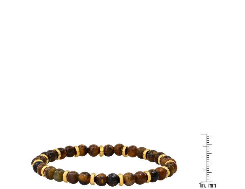 Mens tiger eye and 18k gold plated stainless steel beaded bracelet